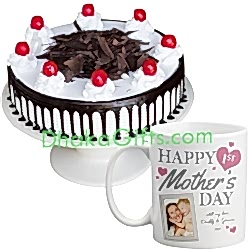 send black forest round cake with decorated mug to dhaka