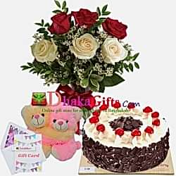 send 6 pcs roses in vase, joint bear with cake to dhaka