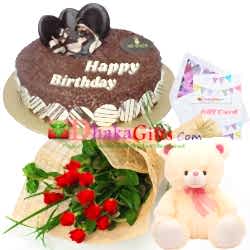 send one dozen red roses bouquet, teddy with cake to dhaka