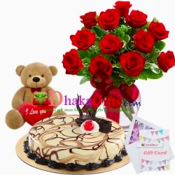 send one dozen red roses in vase, teddy with cake to dhaka