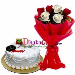 send mr baker vanilla round cake with roses in bouquet dhaka
