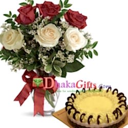 send lemon round cake with 6 roses in vase to dhaka