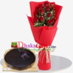 send chocolate round cake with 12 red roses bouquet bd
