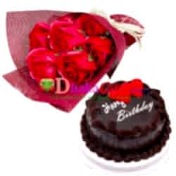 send chocolate cake with imported red roses to dhaka