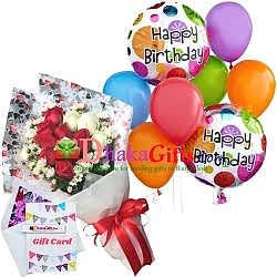 send 12 pcs roses in bouquet, 8 pcs balloon to dhaka