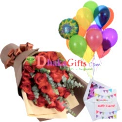 send 24 pcs red roses bouquet with 13 pcs balloon to dhaka