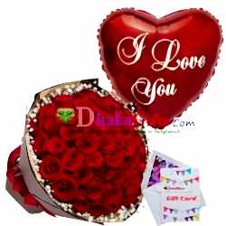 send 50 pcs red roses bouquet with balloon to dhaka