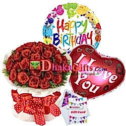 send three dozen red roses bouquet with 2 mylar balloon  to dhaka