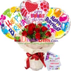 delivery two dozen red roses bouquet with 3 mylar balloon  to dhaka