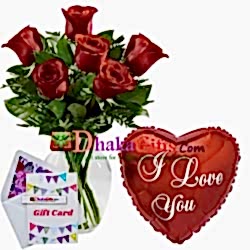 send 6 pcs red roses in vase with mylar balloon to dhaka