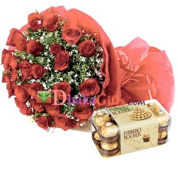 Send to 24 Red Roses in Bouquet with 16 Ferrero Rocher Chocolate to Dhaka