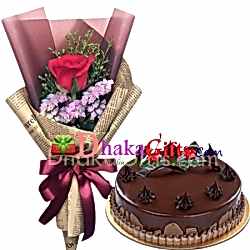 send chocolate round cake with rose bouquet to bangladesh