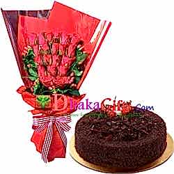 send chocolate lady round cake with roses bouquet to bangladesh