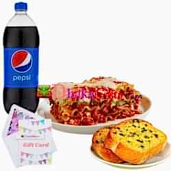 lasagna with garlic bread and pepsi  send to dhaka