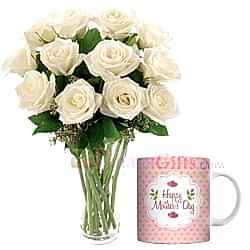 send white roses in vase with mug to dhaka