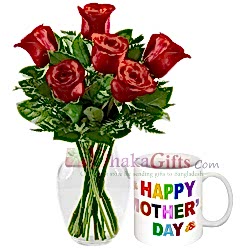 buy online red roses in vase with decorated mug in dhaka