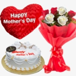 send  mr baker cake with roses in bouquet and heart pillow to dhaka