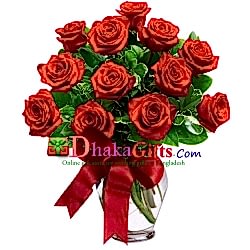 send 12 red roses in vase to dhaka
