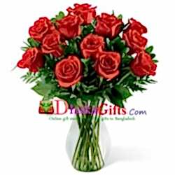 send 12 beautiful red roses in vase  to dhaka