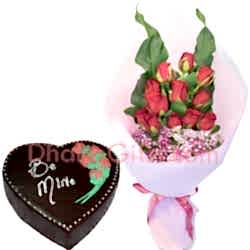 chocolate heart cake with 12 roses to bangladesh