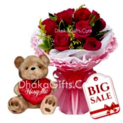 8 Red Roses Bouquet with Medium teddy Bear