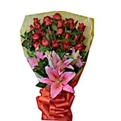 24 Red Roses Bouquet with Pink Lily