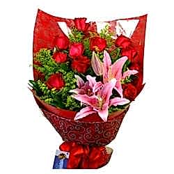 12 Red Roses with 2 Lily