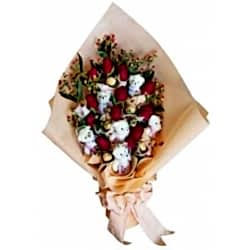 12 Red Color Roses Bouquet with 6 Small Bear