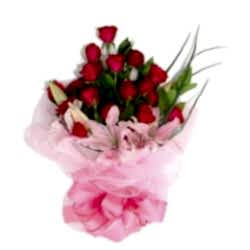 Send 12 Red Roses Bouquet with 2 Pink Lily to Dhaka in Bangladesh