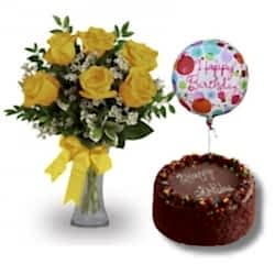 Send 6 Yellow Roses in FREE Vase with Cake & Balloon to Dhaka in Bangladesh
