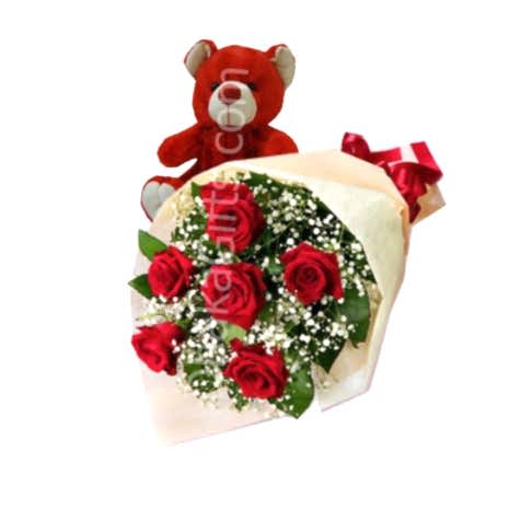 Send to 6 Red Roses in Bouquet & Lovely Red Teddy Bear to Dhaka