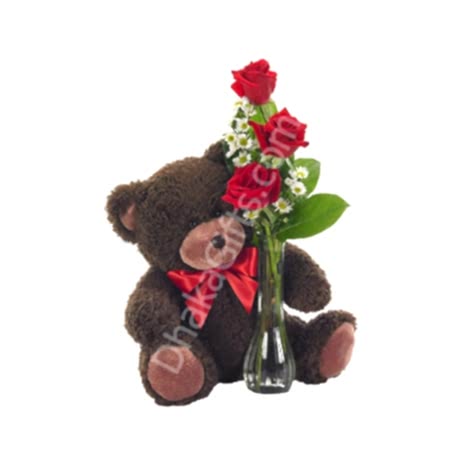 Send to 3 Red Roses with FREE vase & Lovely Teddy Bear to Dhaka