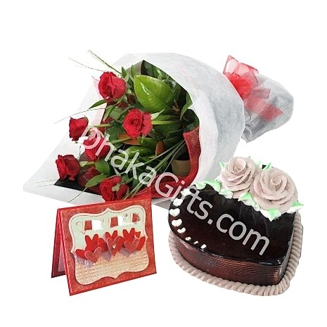 Send 6 Roses in Bouquet with Chocolate Cake to Dhaka in Bangladesh