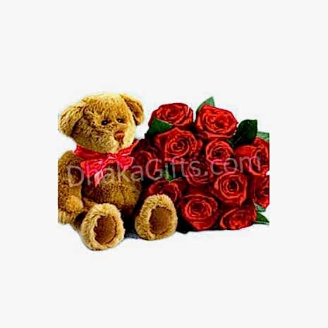 Send to 12 Red Roses with Lovely Brawn Teddy Bear to Dhaka