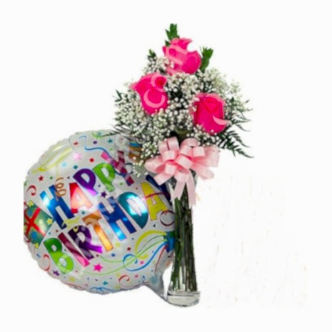 send to 3 pink roses in free vase with happy birthday balloon​ to dhaka