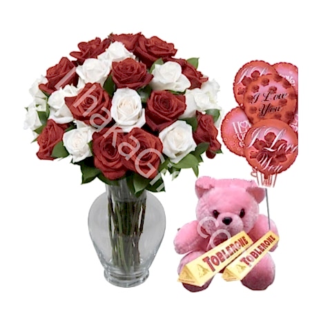 Send to 24 Mixed Roses in FREE Vase,Pink Bear,Toblerone Milk Chocolate with I Love U Balloon to Dhaka