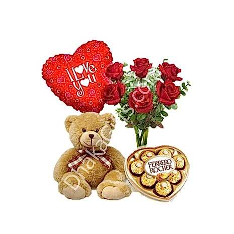 Send 6 Red Roses Vase,Brown Bear,Ferrero Rocher Chocolate with I Love U Balloon to Dhaka in Bangladesh