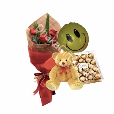 Send to 3 Red Roses Bouquet,Bear,Ferrero Rocher Chocolate Box with Balloon to Dhaka