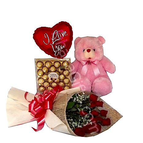 Send to 6 Red Roses Bouquet,Bear,Ferrero Rocher Chocolate Box with I Love U Balloon to Dhaka
