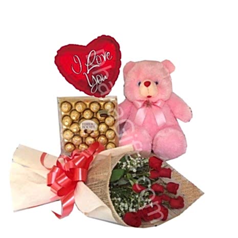 Send 12 Red Roses Bouquet,Pink Bear,Ferrero Rocher Chocolate with I Love U Balloon