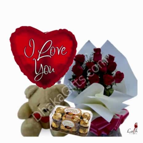 Send to 12 Red Roses Bouquet,Bear,Ferrero Rocher Chocolate Box with I Love U Balloon to Dhaka