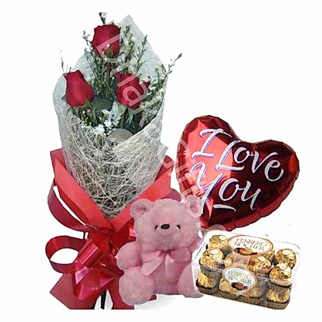 Send 3 Red Roses Bouquet,Pink Bear,Ferrero Rocher Chocolate with I Love U Balloon