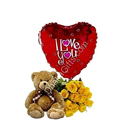 Send to 12 Yellow Roses,Brawn Bear with I Love you Balloon to Dhaka