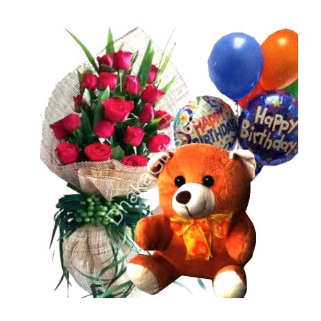 Send to 12 Red Roses in Bouquet,Brawn Bear with Happy Birthday Balloon to Dhaka