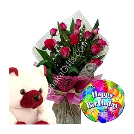 Send to 12 Pink Roses,Bear with Happy Birthday Balloon to Dhaka