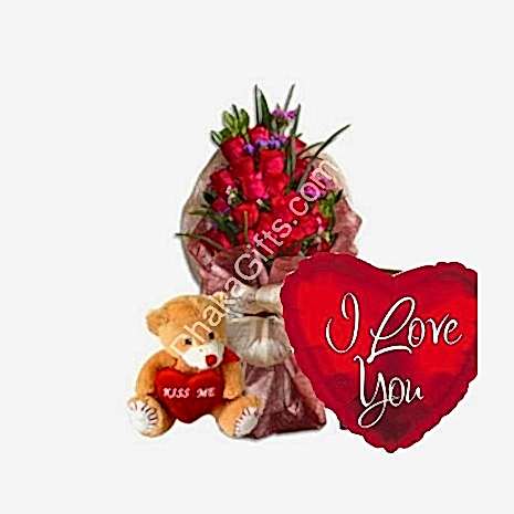 Send to 12 Mixed Roses in Bouquet,medium Bear with I Love you Balloon to Dhaka