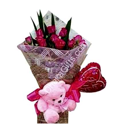 Send to 12 Pink Roses in Bouquet,Pink Bear with I Love you Balloon to Dhaka