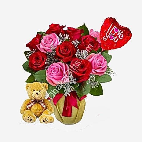 Send to 12 Mixed Roses in FREE Vase,Brawn Bear with I Love you Balloon to Dhaka