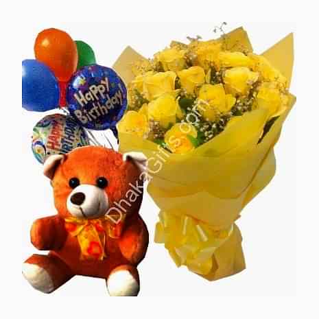 Send to 12 Yellow Roses in Bouquet,Brawn Bear with happy Birthday Balloon to Dhaka
