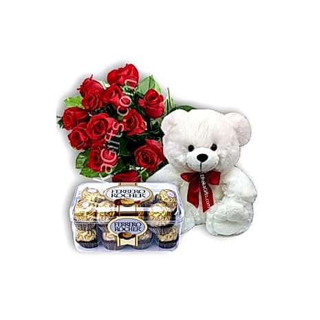 Send 12 Red Roses,Pink Bear with Ferrero Rocher Chocolate to Dhaka in Bangladesh